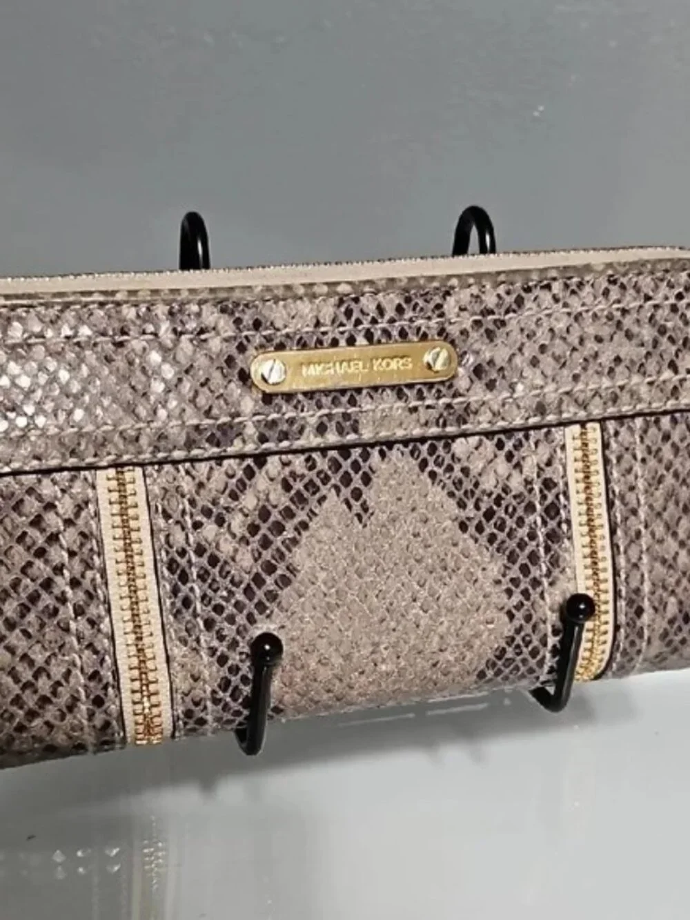 Michael Kors Taupe Snake Embossed Zip-Around Wallet with Gold Hardware